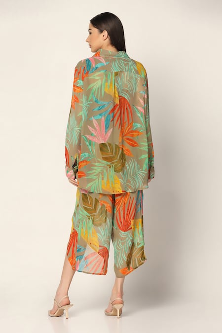 Shop Two Sisters By Gyans Green Georgette Tassels Collared Tropical Print Shirt And Pant Set at Aza Fashions Shop_Two Sisters By Gyans_Green Georgette Tassels Collared Tropical Print Shirt And Pant Set _at_Aza_Fashions