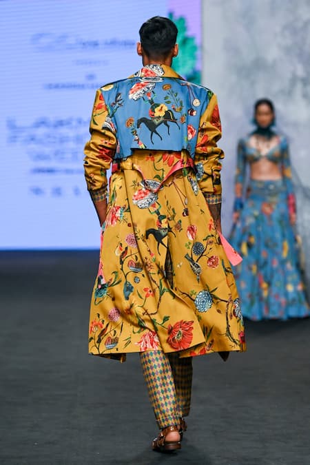 Mahima Mahajan Botanical Floral Print Trench Coat Pant Set 