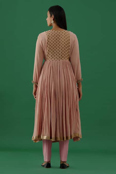 Shop 5elements Pink 100% Cotton With Silk Brocade Yoke Metal Peacock Anarkali Set at Aza Fashions Shop_5elements_Pink 100% Cotton With Silk Brocade Yoke Metal Peacock Anarkali Set _at_Aza_Fashions