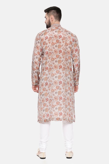 Shop Mayank Modi - Men Grey Muslin Floral Print Kurta Set at Aza Fashions Shop_Mayank Modi - Men_Grey Muslin Floral Print Kurta Set _at_Aza_Fashions