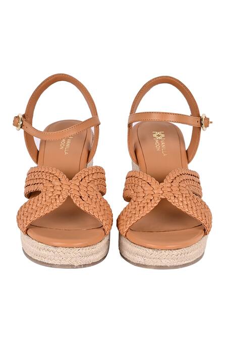 Shop Vanilla Moon Brown Nina Leather Braided Strap Wedges at Aza Fashions Shop_Vanilla Moon_Brown Nina Leather Braided Strap Wedges_at_Aza_Fashions