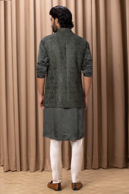 Ankit V Kapoor Olive Green Thread Embroidered Bundi Set 