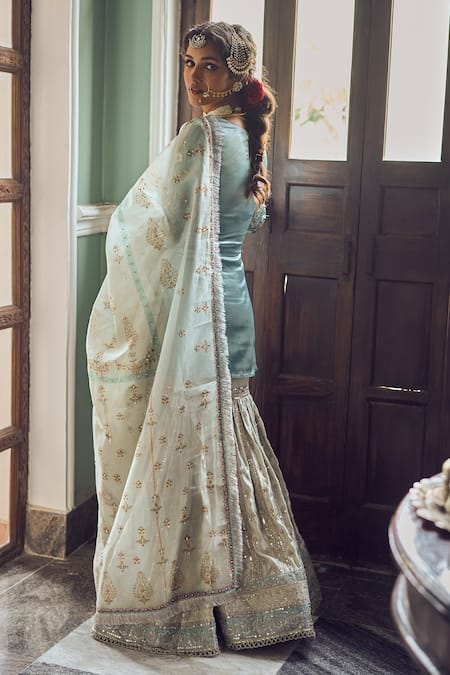 Shop Lashkaraa Blue Satin Sequins, Zari, Stones Round Neck And Embroidered Kurta Gharara Set at Aza Fashions Shop_Lashkaraa_Blue Satin Sequins, Zari, Stones Round Neck And Embroidered Kurta Gharara Set _at_Aza_Fashions