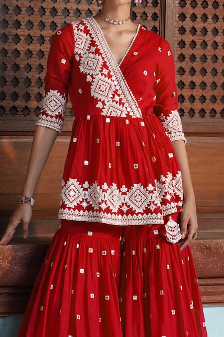 Shop_Preevin_Red , Satin, Net Diamond Pattern Peplum Angrakha Sharara Set _at_Aza_Fashions