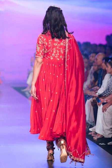 Shop Punit Balana Red Silk, Organza Embroidery, Tassels V-neck Surkh Laal Hand Angrakha Set at Aza Fashions Shop_Punit Balana_Red Silk, Organza Embroidery, Tassels V-neck Surkh Laal Hand Angrakha Set _at_Aza_Fashions