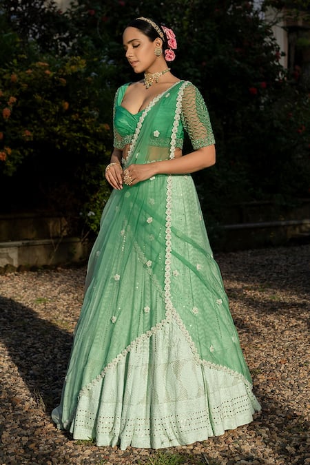 Shop_Amrin Khan_Green Georgette Embroidery Thread Sweetheart Neck Floral Lehenga Set  _at_Aza_Fashions