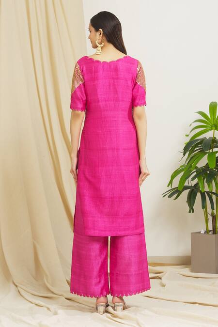 Shop Surendri Pink Raw Silk, Chanderi Floral, Sequins V Neck Embellished Kurta Palazzo Set at Aza Fashions Shop_Surendri_Pink Raw Silk, Chanderi Floral, Sequins V Neck Embellished Kurta Palazzo Set_at_Aza_Fashions