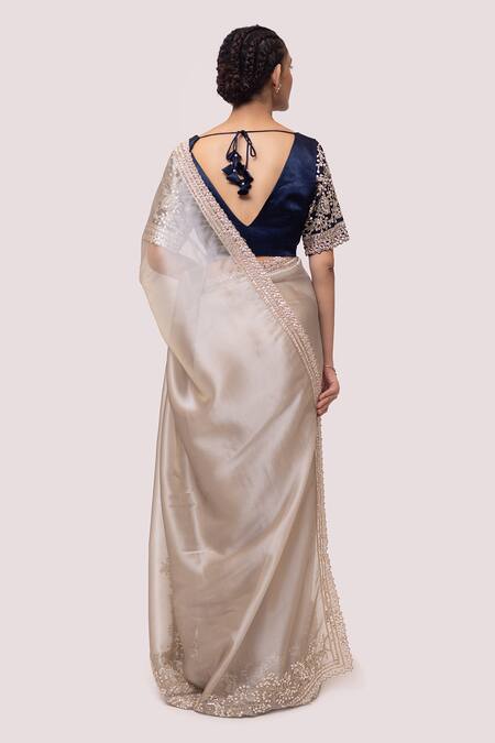 Shop Onaya Silver Organza Embroidered Tikki Round Saree With Blouse at Aza Fashions Shop_Onaya_Silver Organza Embroidered Tikki Round Saree With Blouse_at_Aza_Fashions
