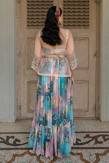Shop_Amrin Khan_Blue Georgette And Embroidery Floral Scoop Bead Jacket Lehenga Set _at_Aza_Fashions
