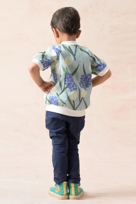 Shop Thetaa Blue Cotton, Polyester, Satin Embroidery Tulip Print Bomber Jacket at Aza Fashions Shop_Thetaa_Blue Cotton, Polyester, Satin Embroidery Tulip Print Bomber Jacket _at_Aza_Fashions