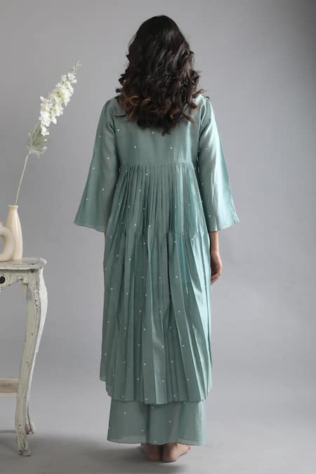 Shop Khat Green Chanderi , Round Neck Polka Pattern Kurta Set at Aza Fashions Shop_Khat_Green Chanderi , Round Neck Polka Pattern Kurta Set _at_Aza_Fashions