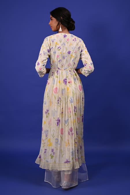 Shop Rimi Nayak White Modal, Crepe, Organza, Cotton, Silk Assorted Floral Print Pleated Kurta at Aza Fashions Shop_Rimi Nayak_White Modal, Crepe, Organza, Cotton, Silk Assorted Floral Print Pleated Kurta _at_Aza_Fashions