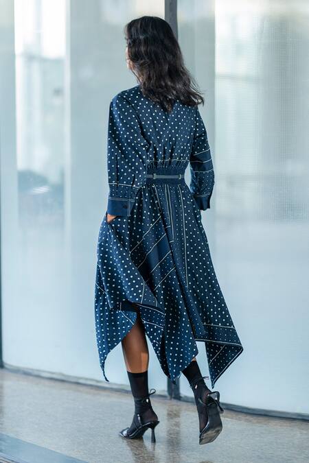 Shop Leh Studios Blue Cotton Embroidery Bandeau Neck Silk Thread Dress at Aza Fashions Shop_Leh Studios_Blue Cotton Embroidery Bandeau Neck Silk Thread Dress_at_Aza_Fashions