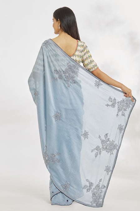 Shop_Paksh_Blue Hand Embroidered Beads Chanderi Saree  _at_Aza_Fashions