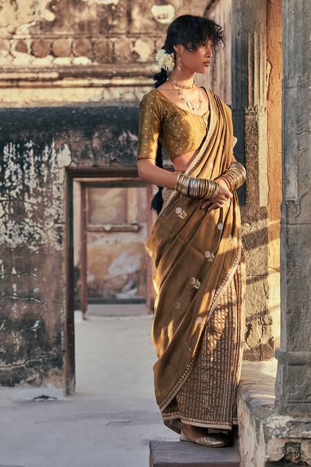 Shop Taisha Green Silk V-neck Pure Katan Blouse at Aza Fashions Shop_Taisha_Green Silk V-neck Pure Katan Blouse _at_Aza_Fashions