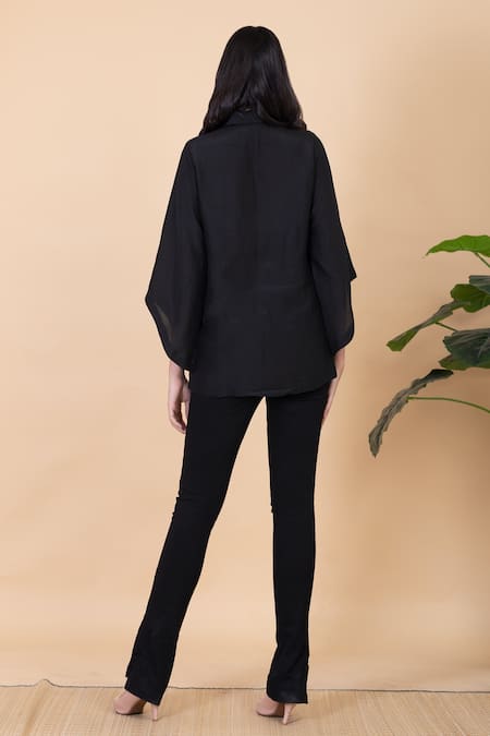 Shop Chambray & CO. Black Silk Embroidery Collared Maze Shirt And Wide Legged Pant Set at Aza Fashions Shop_Chambray & CO._Black Silk Embroidery Collared Maze Shirt And Wide Legged Pant Set _at_Aza_Fashions