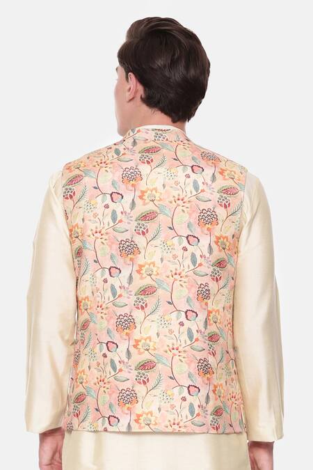 Mayank Modi - Men Jacobean Print Peach Bundi 