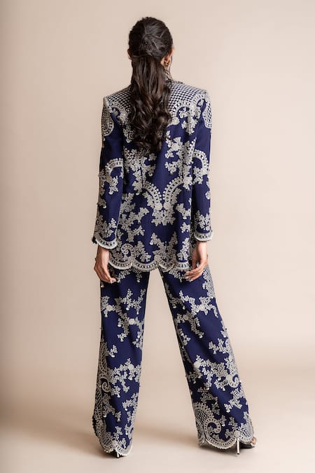 Shop_Nupur Kanoi_Blue Crepe, Satin Pearls, Sequins, Mirrors, Hand Embroidered Blazer And Pant Set _at_Aza_Fashions