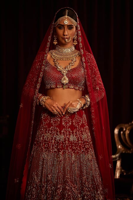 Shop House of Exotique Red Net Embroidery, Crystals, Sequins Scoop Neck Bridal Lehenga Set at Aza Fashions Shop_House of Exotique_Red Net Embroidery, Crystals, Sequins Scoop Neck Bridal Lehenga Set _at_Aza_Fashions