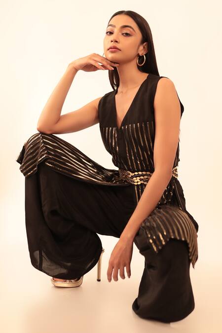 Shop Vanshika Agarwal Label Black Brs, Lining Taffeta, Camila Two-way Draped Top And Pant Set With Belt at Aza Fashions Shop_Vanshika Agarwal Label_Black Brs, Lining Taffeta, Camila Two-way Draped Top And Pant Set With Belt_at_Aza_Fashions