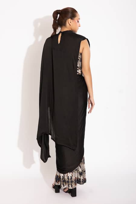 Studio Surbhi Abstract Print Georgette Satin Pant Saree 