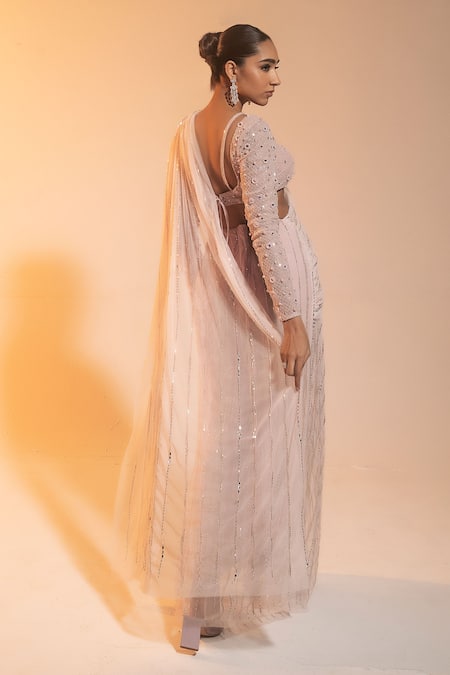 Shop_SAANJH BY LEA_Pink Satin, Muslin Sequins, Diya Hand Embroidered Pre-draped Saree With Blouse _at_Aza_Fashions