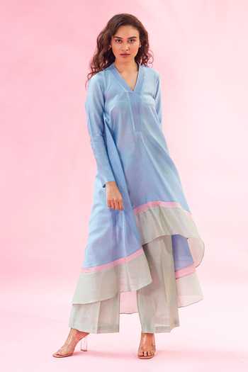 Shop The Aarya Blue Chanderi Embroidery Shawl Neck Handwoven Kurta And Bell Bottom Pant Set at Aza Fashions Shop_The Aarya_Blue Chanderi Embroidery Shawl Neck Handwoven Kurta And Bell Bottom Pant Set_at_Aza_Fashions