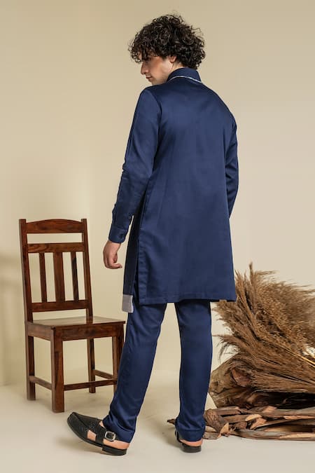 Shop Abkasa Blue 100% Cotton Modal Silk Solid Asymmetric Paneled Kurta And Pyjama Set at Aza Fashions Shop_Abkasa_Blue 100% Cotton Modal Silk Solid Asymmetric Paneled Kurta And Pyjama Set _at_Aza_Fashions