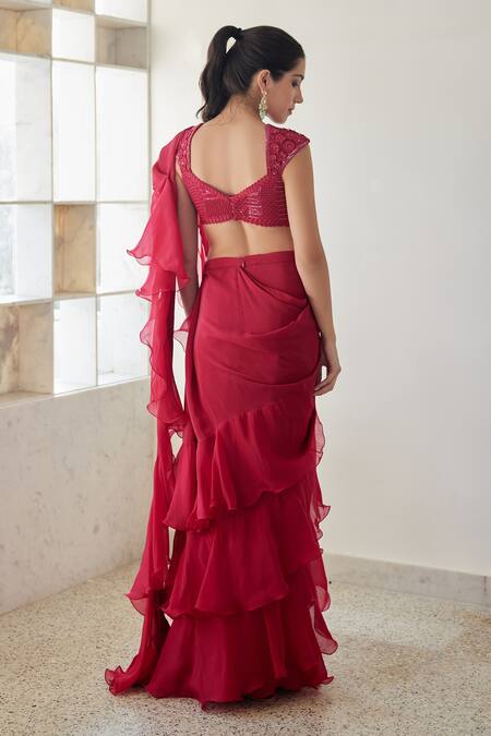 Shop Mishru Fuchsia Saree Organza Nelle Pre-draped Ruffle And Blouse Set at Aza Fashions Shop_Mishru_Fuchsia Saree Organza Nelle Pre-draped Ruffle And Blouse Set _at_Aza_Fashions