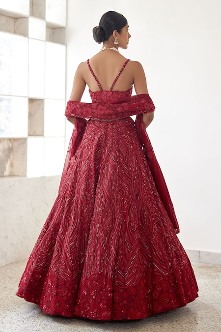 Shop_Mishru_Red Organza Embroidery Sweetheart Neck Stella Contour Linear Bridal Lehenga Set _at_Aza_Fashions