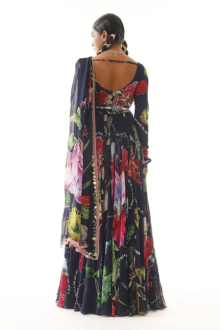 Mahima Mahajan Blue Georgette, Organza Mirrors, Typographic Print Anarkali With Dupatta Online at Aza Fashions Mahima Mahajan_Blue Georgette, Organza Mirrors, Typographic Print Anarkali With Dupatta _Online_at_Aza_Fashions