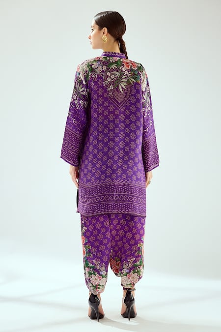 Shop_Rajdeep Ranawat_Purple Satin Printed Floral Sonth Dhoti Pant  _at_Aza_Fashions