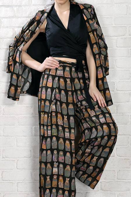 Shop_Whimsical By Shica_Black Cotton, Silk Open Neck, Babushka Doll Print Jacket Flared Pant Set _at_Aza_Fashions