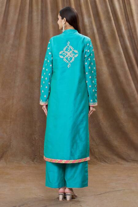 Shop Aiman Blue Cotton, Silk Embroidery, Gota Patti, Tassels Mandarin Kurta Palazzo Set at Aza Fashions Shop_Aiman_Blue Cotton, Silk Embroidery, Gota Patti, Tassels Mandarin Kurta Palazzo Set_at_Aza_Fashions