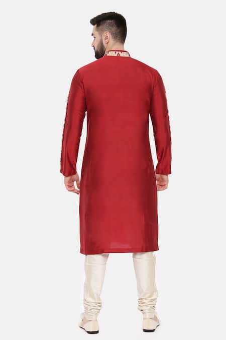 Shop_Mayank Modi - Men_Red Silk, Cotton, Muslin Embroidery Collar Printed Long Kurta And Pant Set _at_Aza_Fashions