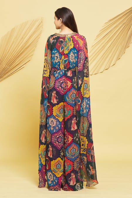 Shop Rajat K Tangri Multi Color Georgette Embroidery V-neck Mughal Jaal Motifs Draped Jumpsuit at Aza Fashions Shop_Rajat K Tangri_Multi Color Georgette Embroidery V-neck Mughal Jaal Motifs Draped Jumpsuit _at_Aza_Fashions