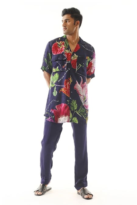 Shop_Mahima Mahajan_Blue Organza Embroidery Floral Bloom And Language Print Shirt With Pant _at_Aza_Fashions