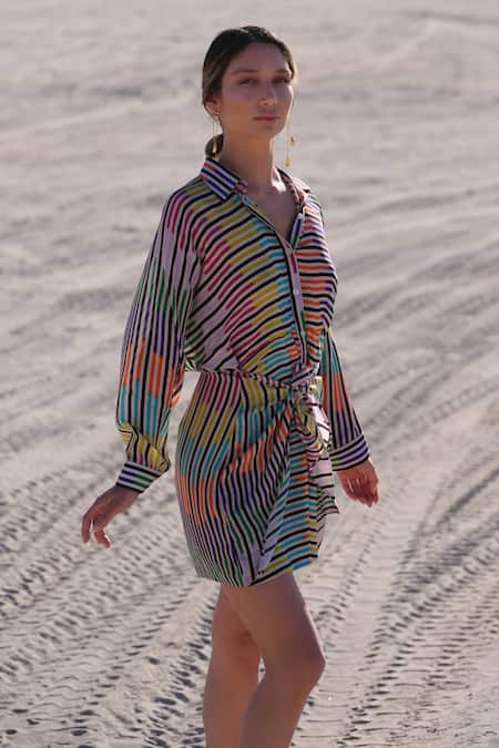 Shop Twinkle Hanspal Multi Color Crepe Chevron Spread Collar Olive Printed Short Dress at Aza Fashions Shop_Twinkle Hanspal_Multi Color Crepe Chevron Spread Collar Olive Printed Short Dress_at_Aza_Fashions