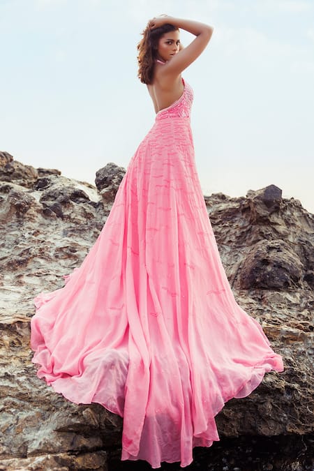 Bhawna Rao Embroidered High Slit Gown With Detachable Trail 