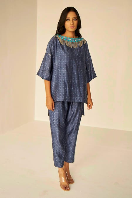 Betrue Blue Chanderi Cotton, Silk Beads, Mirrors, Beaded Fringe Neckline Top And Pant Set 