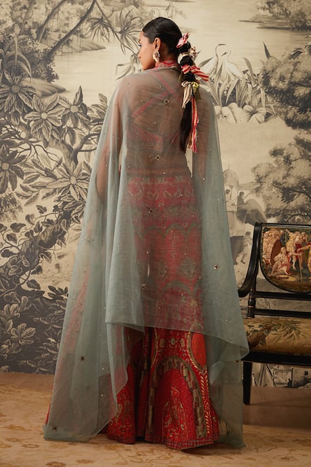 Shop Kalista Blue Viscose, Silk Embroidery Open Neck Arohi Sheer Cape And Sharara Set at Aza Fashions Shop_Kalista_Blue Viscose, Silk Embroidery Open Neck Arohi Sheer Cape And Sharara Set _at_Aza_Fashions