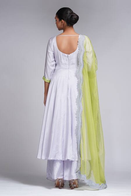 Shop Shruti S Grey Silk, Organza Mirrors, Pearls, Sequins, Neckline Anarkali Palazzo Set at Aza Fashions Shop_Shruti S_Grey Silk, Organza Mirrors, Pearls, Sequins, Neckline Anarkali Palazzo Set_at_Aza_Fashions