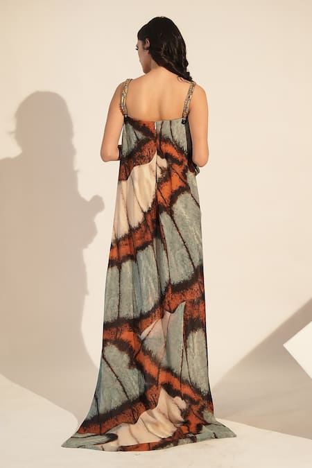 Shop_Nikita Mhaisalkar_Blue Georgette Sequins, Metallic Butterfly Print And Embroidered Asymmetric Top _at_Aza_Fashions