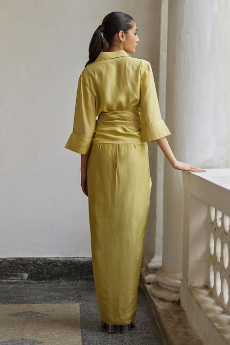 Shop_Betrue_Green Silk Embroidery Collared Wrap Shirt _at_Aza_Fashions
