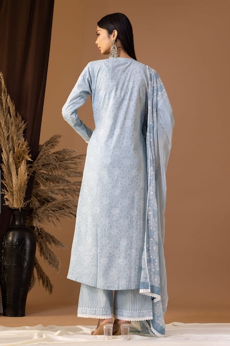 Shop Abbaran Blue Cotton Embroidery, Lace V-neck Flora Pattern Kurta Palazzo Set at Aza Fashions Shop_Abbaran_Blue Cotton Embroidery, Lace V-neck Flora Pattern Kurta Palazzo Set _at_Aza_Fashions