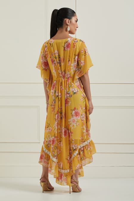 Shop_Label Nitisha_Yellow Georgette Sequins Round Neck Floral Print Kaftan Dress _at_Aza_Fashions