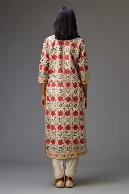 Shop Kora Red Silk, Cotton, Chanderi Embroidery, Gota Stripe Hand Block Print Kurta Set at Aza Fashions Shop_Kora_Red Silk, Cotton, Chanderi Embroidery, Gota Stripe Hand Block Print Kurta Set _at_Aza_Fashions