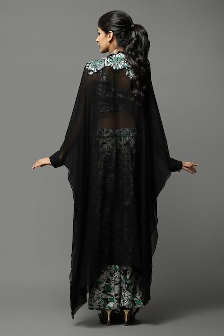 Shop AK-OK Green Lycra Embroidery, Cut Work Square Floral Print Top And Joggers Set With Cape at Aza Fashions Shop_AK-OK_Green Lycra Embroidery, Cut Work Square Floral Print Top And Joggers Set With Cape _at_Aza_Fashions