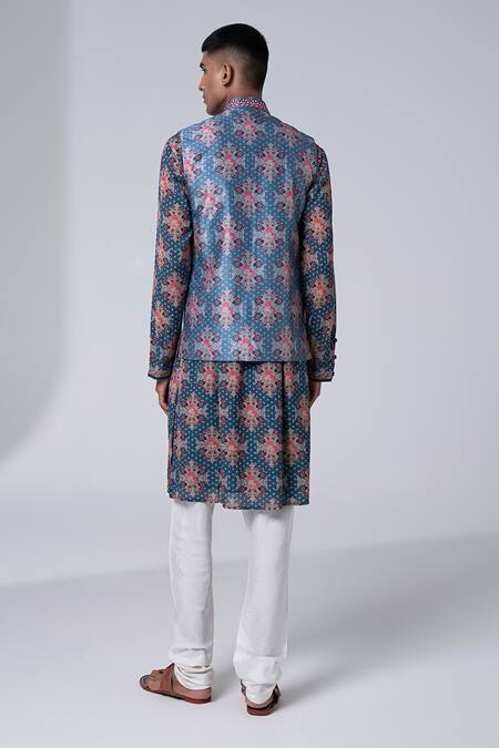Shop_Siddhartha Bansal_Gray Silk Embroidery Paisley Printed Dupion Bundi _at_Aza_Fashions