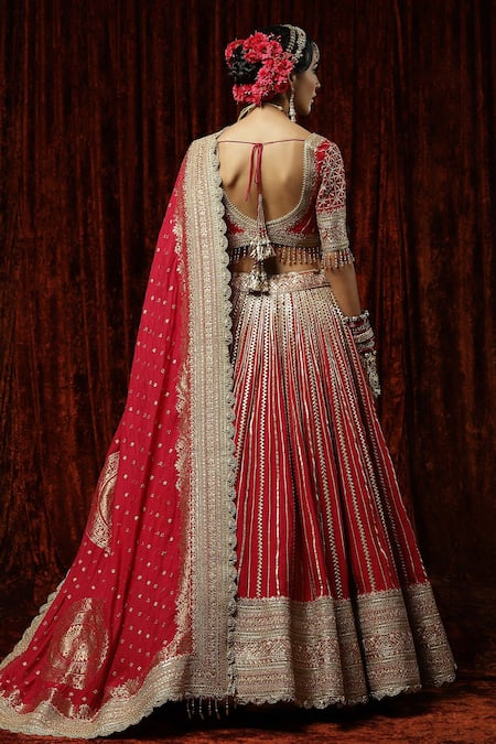 Shop Shikhar Sharma Red Silk, Georgette, Chanderi Embroidery, Tassels, Musk Rose Bridal Lehenga Set at Aza Fashions Shop_Shikhar Sharma_Red Silk, Georgette, Chanderi Embroidery, Tassels, Musk Rose Bridal Lehenga Set _at_Aza_Fashions